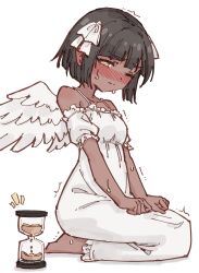 Rule 34 | 1girl, absurdres, angel, bare shoulders, barefoot, blunt bangs, blush, bob cut, breasts, brown hair, clenched hands, closed mouth, collarbone, dark-skinned female, dark skin, detached sleeves, dress, ear blush, embarrassed, feathered wings, female focus, frilled dress, frilled sleeves, frills, full body, hair ribbon, have to pee, highres, hourglass, long dress, natali (rune (dualhart)), nose blush, notice lines, one eye closed, original, ribbon, rune (dualhart), seiza, short hair, short sleeves, sidelocks, simple background, sitting, sketch, sleeveless, sleeveless dress, small breasts, solo, spaghetti strap, split mouth, sweat, trembling, white background, white dress, white ribbon, white sleeves, white theme, white wings, wince, wings, yellow eyes