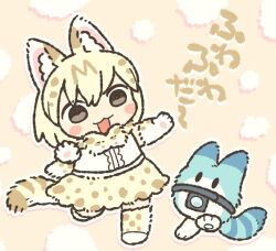 Rule 34 | 1girl, :d, animal ear fluff, animal ears, blonde hair, blush, bow, bowtie, brown eyes, chibi, commentary request, elbow gloves, full body, gloves, kemono friends, kemono friends 3, kuro shiro (kuro96siro46), looking at another, lucky beast (kemono friends), multicolored hair, open mouth, print bow, print bowtie, print gloves, print skirt, serval print, shirt, short hair, skirt, sleeveless, sleeveless shirt, smile, solo, standing, standing on one leg, tail, translation request, white serval (kemono friends), white shirt