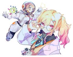 Rule 34 | 2girls, adjusting eyewear, alien, aqua ribbon, bespectacled, blonde hair, blunt bangs, cardigan, charm (object), closed mouth, coat, cropped torso, from side, full body, get over it. (project sekai), glasses, gloves, gradient hair, grey shirt, group name, hair ornament, hairclip, helmet, highres, i9sas, id card, lab coat, lanyard, long hair, long sleeves, looking at object, midair, mochizuki honami, multicolored hair, multiple girls, neck ribbon, open clothes, open coat, parted lips, pink cardigan, pink eyes, pink hair, project sekai, reaching, red star, ribbon, robot, round eyewear, shirt, simple background, smile, space helmet, spacesuit, star (symbol), tenma saki, triangle, twintails, upper body, wavy hair, white background, white gloves