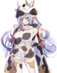 Rule 34 | 1girl, :q, absurdres, animal ears, animal print, bare shoulders, blue hair, breasts, catura (granblue fantasy), cleavage, closed mouth, collarbone, covered erect nipples, cow ears, cow hood, cow print, cowboy shot, crop top, detached collar, detached sleeves, gluteal fold, granblue fantasy, hands up, highleg, highleg panties, highres, large breasts, long hair, long sleeves, looking at viewer, micro shorts, midriff, navel, open fly, orange eyes, panties, ponta (velmar), see-through, shirt, short shorts, shorts, simple background, smile, solo, standing, stomach, strapless, string panties, thighhighs, thighs, tongue, tongue out, underwear, very long hair, white background, white shirt, white shorts, white thighhighs, wide sleeves