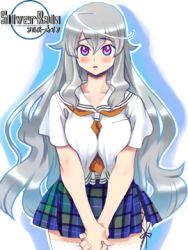 Rule 34 | 1girl, ahoge, between breasts, blue eyes, blush, breasts, large breasts, logo, long hair, looking at viewer, lowres, multicolored eyes, neckerchief, official art, outline, own hands together, pink eyes, plaid, plaid skirt, purple eyes, ryoji (nomura ryouji), school uniform, short sleeves, silver hair, silver rain, skirt, solo, standing, thighhighs, v arms, white thighhighs
