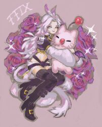 1boy absurdres animal animal_hug bat_wings bishounen black_footwear blue_eyes boots closed_eyes codpiece commentary eyeshadow final_fantasy final_fantasy_ix flower full_body grey_hair high_heels highres kuja long_hair long_sleeves lying makeup male_focus midriff monkey_tail moogle navel on_side parted_bangs pink_eyeshadow purple_background purple_flower purple_rose rose shrug_(clothing) smile snoozaga solo sparkle tail thigh_boots waist_cape white_fur wide_sleeves wings