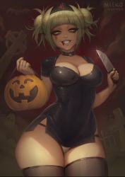 Rule 34 | 1girl, alternate costume, bat (animal), blonde hair, blood, blood in mouth, blood on face, blunt bangs, boku no hero academia, breasts, choker, cleavage, cowboy shot, cross, curvy, double bun, hair bun, halloween, highres, holding, holding knife, holding weapon, knife, meekohopanes, messy hair, panties, pumpkin, red cross, sidelocks, solo, thick thighs, thighhighs, thighs, toga himiko, underwear, weapon, wide hips, yellow eyes