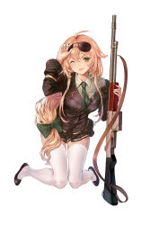 Rule 34 | 1girl, :d, absurdres, ahoge, automatic rifle, aviator sunglasses, black footwear, blonde hair, blush, bow, breasts, eyewear on head, girls&#039; frontline, green bow, green eyes, green necktie, gun, hair bow, hand up, highres, holding, holding gun, holding weapon, kneeling, large breasts, leon v, light machine gun, loafers, long hair, looking at viewer, low-tied long hair, m1918 (girls&#039; frontline), m1918 bar, machine gun, necktie, off shoulder, one eye closed, open mouth, shoes, sidelocks, skirt, smile, solo, squad automatic weapon, sunglasses, thighhighs, very long hair, weapon, white thighhighs