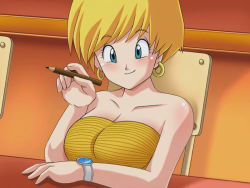 Rule 34 | 1girl, bare shoulders, blonde hair, blue eyes, breasts, cleavage, dragon ball, dragonball z, earrings, erasa (dragon ball), indoors, jewelry, looking at viewer, medium breasts, pencil, short hair, smile, solo, trinitron cg, watch