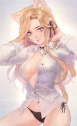 Rule 34 | 1girl, animal ears, arms up, artist name, bell, black neckwear, black panties, black ribbon, blade &amp; soul, blonde hair, blue eyes, breasts, buttons, choker, collared shirt, cowboy shot, dress shirt, forehead, fuwaffy, hair bell, hair ornament, hair ribbon, hands in hair, heart pendant, jewelry, lizeta (blade &amp; soul), long hair, long sleeves, looking at viewer, medium breasts, panties, partially unbuttoned, pendant, ribbon, shirt, side-tie panties, solo, sparkle, underwear, watermark, white shirt, wing collar