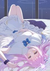 Rule 34 | 1girl, absurdres, angel wings, black scrunchie, blue archive, blush, breasts, capelet, closed mouth, dress, feathered wings, flower, hair bun, hair flower, hair ornament, halo, highres, long hair, medium breasts, mika (blue archive), pink hair, pink halo, purple flower, scrunchie, single side bun, smile, solo, wan du29, white capelet, white dress, white wings, wings, wrist scrunchie, yellow eyes