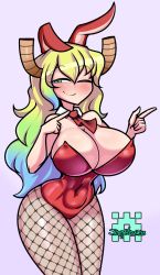 Rule 34 | 1girl, animal ears, bare shoulders, blonde hair, blue hair, breasts, cleavage, closed mouth, collar, covered navel, cowboy shot, dragon horns, fake animal ears, fishnet pantyhose, fishnets, gradient hair, green eyes, green hair, grey background, horns, huge breasts, joeydrawss, kobayashi-san chi no maidragon, leotard, looking at viewer, lucoa (maidragon), multicolored hair, one eye closed, pantyhose, playboy bunny, rabbit ears, simple background, slit pupils, smile, solo, wink