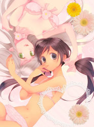 Rule 34 | 2girls, alternate costume, axis powers hetalia, blush, bra, braid, breasts, brown eyes, brown hair, chii-k, dark-skinned female, dark skin, finger to mouth, flower, frilled bra, frilled panties, frills, from above, front-tie top, green eyes, hair flower, hair ornament, hair ribbon, hand to own mouth, happy, heart, hungary (hetalia), large breasts, lingerie, long hair, lying, multiple girls, navel, on back, on side, open mouth, panties, ribbon, seychelles (hetalia), swept bangs, twintails, underwear, underwear only, very long hair