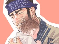 Rule 34 | 1boy, ainu clothes, baby, beard, black hair, buzz cut, character request, close-up, facial hair, facial scar, father and daughter, fatherly, golden kamuy, male focus, mature male, nopinzo, official alternate costume, scar, scar on cheek, scar on face, short hair, sideburns, solo focus, spiked hair, tanigaki genjirou, thick eyebrows, upper body, very short hair