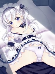 Rule 34 | 1girl, :o, aged down, apron, azur lane, belfast (azur lane), blush, bow, bow panties, bowtie, braid, breasts, buttons, dress, french braid, frilled apron, frilled dress, frilled gloves, frills, gloves, hair ribbon, little bel (azur lane), long hair, looking at viewer, lying, maid headdress, no bra, off shoulder, on back, on bed, one side up, ozu yugurou, panties, pillow, purple eyes, ribbon, side ponytail, small breasts, solo, spread legs, underwear, waist apron, white apron, white gloves, white hair, white panties