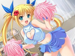 Rule 34 | 1girl, :d, blonde hair, blue eyes, breasts, cheerleader, chokotto! fandisk 2, cleavage, cleavage cutout, clothing cutout, covered erect nipples, fang, game cg, gratin, gratin (eroge), hair ornament, happy, heart, heart cutout, indoors, large breasts, long hair, midriff, oguri suzume, open mouth, pom pom (cheerleading), skirt, skull hair ornament, smile, solo, twintails