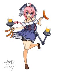 Rule 34 | 10s, 1girl, :o, ahoge, alcohol, alternate costume, beer, beer mug, bike shorts, braid, commentary request, cup, dirndl, eyebrows, food, fork, full body, german clothes, headgear, kantai collection, long hair, machinery, mug, nenohi (kancolle), pink hair, purple eyes, sausage, solo, standing, standing on one leg, thick eyebrows, tun, white background