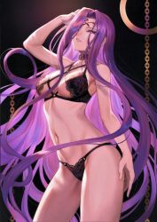 Rule 34 | 1girl, absurdres, arm up, black bra, black panties, bra, breasts, choker, facial mark, fate/grand order, fate (series), female focus, forehead mark, gradient background, hair over one eye, hand up, highres, lingerie, long hair, looking at viewer, mashuu (neko no oyashiro), matching hair/eyes, medium breasts, medusa (fate), medusa (rider) (fate), navel, panties, parted lips, purple eyes, purple hair, simple background, solo, standing, stomach, thighs, underwear, underwear only, very long hair