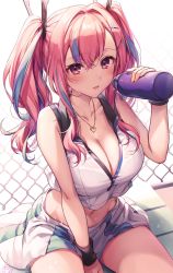 Rule 34 | 1girl, azur lane, bare arms, bare shoulders, between legs, bottle, breasts, bremerton (azur lane), bremerton (scorching-hot training) (azur lane), chain-link fence, cleavage, collarbone, crop top, crop top overhang, fence, groin, hair intakes, hair ornament, highres, holding, jewelry, komeshiro kasu, large breasts, long hair, looking at viewer, midriff, miniskirt, mole, mole under eye, multicolored hair, navel, necklace, open mouth, pink hair, pleated skirt, red eyes, shirt, skirt, sleeveless, sleeveless shirt, solo, sweat, sweatband, thighs, twintails, two-tone hair, white shirt, white skirt