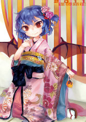 Rule 34 | 10s, 1girl, 2011, alternate costume, bad id, bad pixiv id, bat wings, blue hair, fang, female focus, flower, hair flower, hair ornament, highres, japanese clothes, kimono, moyuvvx, red eyes, remilia scarlet, shippou (pattern), short hair, solo, touhou, wings