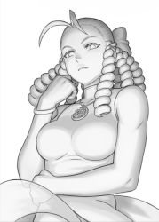 Rule 34 | 1girl, alternate costume, antenna hair, bare arms, bare shoulders, bow, bracelet, breasts, closed mouth, commentary request, dress, drill hair, greyscale, hair bow, hair pulled back, hand up, head tilt, jewelry, kanzuki karin, looking at viewer, medium breasts, medium hair, monochrome, necklace, noppo (tarstation), ringlets, simple background, sleeveless, sleeveless dress, solo, street fighter, street fighter v, turtleneck, upper body, white background