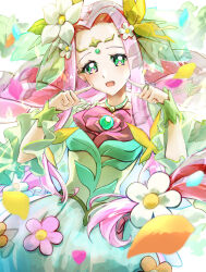 Rule 34 | 1girl, braid, choker, clear glass (mildmild1311), cowboy shot, cure felice, dress, dress flower, earrings, flower, flower in eye, green choker, green dress, green eyes, green ribbon, hair flower, hair ornament, hanami kotoha, highres, jewelry, long hair, looking at viewer, magical girl, mahou girls precure!, multicolored eyes, open mouth, petals, pink hair, precure, ribbon, see-through, see-through sleeves, smile, solo, symbol in eye, tiara, twin braids