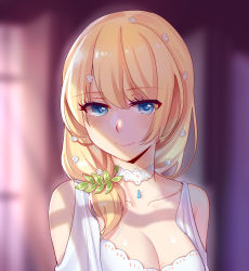 Rule 34 | 1girl, aer (tengqiu), bare shoulders, blonde hair, blue eyes, breasts, choker, cleavage, closed mouth, eyelashes, eyes visible through hair, flower, hair flower, hair ornament, hair over shoulder, highres, long hair, looking at viewer, low ponytail, medium breasts, rodney (warship girls r), smile, solo, upper body, warship girls r