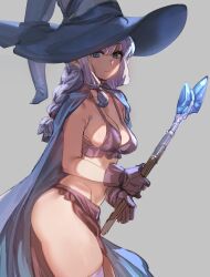 Rule 34 | 1girl, blue eyes, blue headwear, bow (bhp), braid, braided ponytail, breasts, closed mouth, grey background, hat, holding, holding staff, long hair, looking at viewer, mage staff, medium breasts, original, simple background, smile, solo, staff, thighhighs, thighs, white thighhighs, witch hat