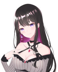 Rule 34 | 1girl, alternate hair length, alternate hairstyle, black hair, breasts, choker, cleavage, collarbone, colored inner hair, dreamoon, earrings, highres, jewelry, koinoya mai, long hair, looking at viewer, mole, mole under eye, multicolored hair, pink hair, propro production, purple eyes, simple background, single earring, smile, solo, two-tone hair, virtual youtuber, white background
