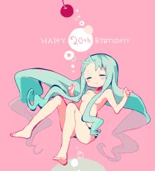Rule 34 | 10s, 1girl, aqua hair, blush, bubble, closed eyes, cure marine, drooling, hair censor, happy birthday, heartcatch precure!, highres, kurumi erika, long hair, panties, panties only, pink background, precure, saliva, simple background, solo, striped clothes, striped panties, topless, underwear, underwear only, yuucho (cololal)