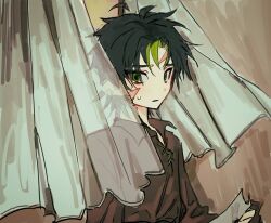 Rule 34 | 1boy, ahoge, black hair, brown shirt, curtains, detached ahoge, green eyes, korean commentary, looking to the side, multicolored hair, open mouth, original, seeshin see, shirt, simple background, solo focus, sweatdrop, two-tone hair