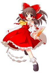 Rule 34 | 1girl, bad id, bad pixiv id, between fingers, bow, brown hair, detached sleeves, female focus, full body, gohei, hair bow, hakurei reimu, highres, holding, japanese clothes, long hair, miko, ofuda, ofuda between fingers, open mouth, red eyes, ribbon, skirt, smile, solo, spell card, touhou, transparent background, yumigon
