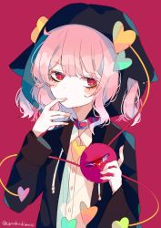 Rule 34 | 1girl, alternate costume, animal collar, bad id, bad pixiv id, black jacket, blunt bangs, blush, buttons, casual, collar, collared shirt, commentary, contemporary, finger to mouth, hair ornament, heart, heart hair ornament, highres, holding, hood, hood up, hooded jacket, jacket, komeiji satori, long sleeves, looking at viewer, medium hair, open clothes, open jacket, pink hair, red background, red eyes, shirt, simple background, slit pupils, solo, third eye, touhou, twintails, twitter username, umemaro (siona0908), upper body, white shirt