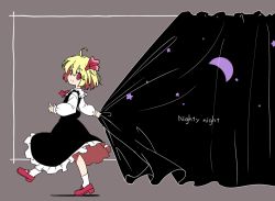 Rule 34 | 1girl, ahoge, ascot, black skirt, black vest, blonde hair, crescent, curtains, english text, from side, full body, grey background, hair ribbon, isu (is88), long sleeves, looking at viewer, red ascot, red eyes, red footwear, red ribbon, ribbon, rumia, shirt, shoes, short hair, skirt, socks, solo, starry sky print, touhou, vest, walking, white shirt, white socks