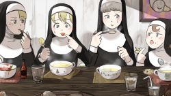 Rule 34 | 4girls, animal, animal on shoulder, bendy straw, bird, black eyes, blonde hair, blue eyes, bottle, bowl, bread, brown eyes, brown hair, burnt, chestnut mouth, chili pepper, chocolate chip cookie, clumsy nun (diva), commentary, cookie, cup, diva (hyxpk), drinking glass, drinking straw, duck, eating, english commentary, finger to tongue, food, food on face, framed, framed image, frog, froggy nun (diva), habit, highres, holding, holding spoon, hot, hot sauce, index finger raised, indoors, little nuns (diva), lower teeth only, multiple girls, nun, open mouth, original, picture frame, placemat, pointing, pointing at self, sheep nun (diva), soup, spicy nun (diva), spoon, steam, sweatdrop, table, teeth, tongue, tongue out, traditional nun, tray, utensil in mouth, wall, water, wooden table, yellow eyes