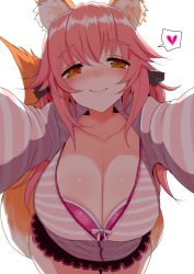 Rule 34 | 1girl, animal ear fluff, animal ears, blush, bra, bra peek, breasts, casual, cleavage, collarbone, fate/extella, fate/extra, fate/extra ccc, fate/grand order, fate (series), fox ears, half-closed eyes, han (jackpot), heart, hood, hoodie, incoming hug, large breasts, leaning forward, long sleeves, official alternate costume, open clothes, outstretched arms, pink bra, pov, skirt, smile, solo, tamamo (fate), tamamo no mae (fate/extra), tamamo no mae (spring casual) (fate), thought bubble, underwear, yellow eyes