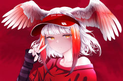 Rule 34 | 1girl, akegata tobari, alternate costume, bare shoulders, bird wings, closed mouth, collarbone, commentary request, contemporary, fingernails, half-closed eyes, hand up, head wings, highres, japanese crested ibis (kemono friends), japari symbol, kemono friends, layered sleeves, long sleeves, looking at viewer, medium hair, multicolored hair, off shoulder, orange hair, red hair, short over long sleeves, short sleeves, sidelocks, smile, solo, spread wings, sweater, upper body, v, visor cap, white hair, wings, yellow eyes