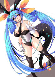 Rule 34 | 1girl, animal ears, black leotard, black necktie, black thighhighs, blue hair, blush, breasts, cleavage, closed mouth, collar, commission, corset, dizzy (guilty gear), fake animal ears, gloves, groin, guilty gear, guilty gear xrd, hair between eyes, hair ribbon, hair rings, highleg, highleg leotard, highres, iguana henshuu-chou, large breasts, leotard, long hair, monster girl, nail polish, necktie, playboy bunny, rabbit ears, red eyes, ribbon, simple background, skeb commission, skindentation, smile, solo, tail, tail ornament, tail ribbon, thick thighs, thighhighs, thighs, twintails, white background, white collar, white gloves, wrist cuffs, yellow ribbon