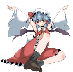 Rule 34 | 1girl, armpits, arms up, bat wings, blue hair, cosplay, detached sleeves, female focus, full body, hakurei reimu, hakurei reimu (cosplay), hat, japanese clothes, magukappu, miko, no nose, red eyes, remilia scarlet, short hair, simple background, skirt, smile, solo, touhou, white background, wings