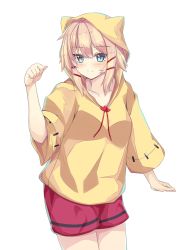 Rule 34 | 1girl, akai haato, animal ears, animal hood, blonde hair, blue eyes, blush, breasts, cat ears, closed mouth, collarbone, commentary request, cowboy shot, fake animal ears, highres, hololive, hood, konsune (tengerium), looking at viewer, pointing, pointing at self, raincoat, red skirt, sidelocks, simple background, skirt, small breasts, smile, solo, standing, thumbs up, virtual youtuber, white background