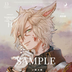 Rule 34 | 1boy, absurdres, animal ears, artist name, warrior of light (ff14), black sweater, blonde hair, blood, blood on face, cat ears, closed mouth, commentary, english text, final fantasy, final fantasy xiv, gloves, green eyes, highres, huizhoumao, jewelry, looking at viewer, male focus, miqo&#039;te, portrait, ring, scar, scar on face, short hair, slit pupils, solo, sweater, turtleneck, turtleneck sweater, white gloves