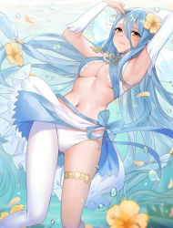 Rule 34 | 1girl, adapted costume, alternate costume, arm behind head, arm up, armpits, arms up, asymmetrical clothes, asymmetrical legwear, azura (fire emblem), blue hair, blush, breasts, cleavage, dress, elbow gloves, fingerless gloves, fire emblem, fire emblem fates, gloves, hair between eyes, hairband, harem outfit, haru (nakajou-28), highres, long hair, looking at viewer, midriff, navel, nintendo, open mouth, panties, panties over pantyhose, pantyhose, single pantsleg, small breasts, smile, solo, stomach, underboob, underwear, uneven legwear, veil, very long hair, yellow eyes