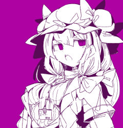 Rule 34 | 1girl, blunt bangs, bow, breasts, dress, hair bow, hat, hat bow, id card, long hair, looking at viewer, massakasama, medium breasts, mob cap, monochrome, open mouth, patchouli knowledge, purple background, purple eyes, purple theme, solo, striped clothes, striped dress, teeth, touhou, upper body, upper teeth only