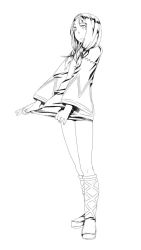 Rule 34 | 1girl, closed mouth, clothes pull, commentary request, dress, final fantasy, final fantasy tactics, geomancer (fft), greyscale, long hair, looking at viewer, monochrome, muhamado, simple background, skirt, skirt pull, solo, twintails, white background