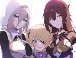 Rule 34 | 3girls, aponia (honkai impact), bare shoulders, bat ornament, between breasts, black dress, blonde hair, blue eyes, blush, bow, bowtie, breasts, brown dress, brown hair, chuunibyou, cleavage, closed mouth, collar, company connection, crossover, dress, eden (honkai impact), eyepatch, fischl (genshin impact), genshin impact, gloves, green eyes, hair between eyes, hair ornament, hair ribbon, highres, honkai (series), honkai impact 3rd, large breasts, leotard, long bangs, long hair, long sleeves, looking at viewer, medium breasts, mihoyo, mole, mole under eye, multiple girls, nun, open mouth, purple bow, purple bowtie, ribbon, shirt, simple background, smile, thighhighs, thighs, trait connection, two side up, upper body, veil, white shirt, yellow eyes, yumegiwa (skgl thx)