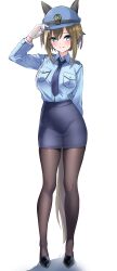 Rule 34 | 1girl, alternate costume, animal ears, arm at side, arm up, black footwear, blue eyes, blue hat, blue necktie, blue skirt, blush, breast pocket, breasts, brown hair, brown pantyhose, cheval grand (umamusume), full body, gloves, hand on headwear, hat, herohero (higashi no dou), high heels, highres, horse ears, horse girl, horse tail, long sleeves, looking at viewer, medium breasts, miniskirt, multicolored hair, necktie, pantyhose, pencil skirt, pocket, police, police hat, police uniform, shirt tucked in, short hair, simple background, skirt, smile, solo, standing, streaked hair, tail, umamusume, uniform, white background, white gloves