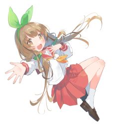 Rule 34 | 1girl, :d, blush, brown hair, hair ribbon, hairband, highres, indie utaite, loafers, looking at viewer, low twintails, miniskirt, nanahira, neckerchief, open mouth, original, outstretched arm, outstretched hand, pleated skirt, reaching, reaching towards viewer, red skirt, ribbon, sailor collar, school uniform, scrunchie, serafuku, shoes, simple background, skirt, smile, socks, solo, twintails, white background, white socks, yellow neckerchief, zuho (vega)