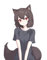 Rule 34 | 1girl, absurdres, animal ear fluff, black shirt, brown hair, ellu, expressionless, highres, looking at viewer, original, red eyes, shirt, short hair, short sleeves, simple background, tail, white background