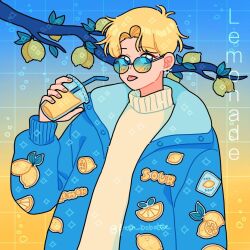 Rule 34 | 1boy, :p, antenna hair, blonde hair, blue-tinted eyewear, blue background, blue eyes, blue jacket, branch, bubble, buttons, closed mouth, collared jacket, cup, disposable cup, drink, drinking straw, ear piercing, earrings, emily kim, english text, eyelashes, fingernails, food, fruit, gradient-tinted eyewear, gradient background, grid background, holding, holding drink, hoop earrings, instagram username, jacket, jewelry, leaf, lemon, lemon print, lemon slice, lemonade, light blush, light frown, long sleeves, looking at viewer, male focus, open clothes, open jacket, original, parted bangs, patch, piercing, puffy long sleeves, puffy sleeves, round eyewear, short hair, solo, sparkle, sunglasses, sweater, tinted eyewear, tongue, tongue out, turtleneck, turtleneck sweater, upper body, white sweater, yellow-tinted eyewear, yellow background