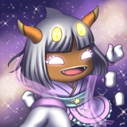 Rule 34 | 1girl, arthropod girl, blunt bangs, blurry, bob cut, bug, dark skin, depth of field, disembodied hand, disembodied limb, extra arms, extra eyes, fangs, female focus, frilled kimono, frills, gloves, glowing, glowing eyes, happy, highres, horns, insect girl, japanese clothes, kimono, kirby (series), kuromura gin, looking at viewer, mittens, multicolored background, nintendo, no pupils, open mouth, parted lips, pink eyes, purple kimono, queen sectonia, reaching, reaching towards viewer, short hair, smile, solo, sparkle, sparkle background, spider girl, split bangs, star (sky), white gloves, white hair, white mittens, yellow eyes
