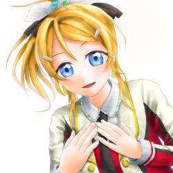 Rule 34 | 1girl, artist request, ayase eli, black bow, black necktie, blonde hair, blue eyes, blush, bow, collar, collared shirt, cropped jacket, cuffs, earrings, female focus, frilled collar, frilled shirt collar, frilled skirt, frills, hair bow, hair ornament, hairclip, hands on own chest, high collar, high ponytail, highres, idol, jacket, jewelry, layered clothes, long hair, long sleeves, looking at viewer, love live!, love live! school idol festival, love live! school idol project, necktie, pipapip, ponytail, shirt, short hair, skirt, smile, solo, sore wa bokutachi no kiseki, swept bangs, white background