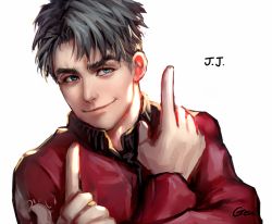 Rule 34 | 10s, 1boy, black hair, blue eyes, character name, greenteaa, index finger raised, jacket, jean-jacques leroy, male focus, smile, solo, track jacket, upper body, yuri!!! on ice
