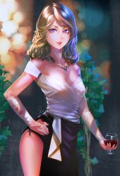 Rule 34 | 1girl, blue eyes, breasts, brown hair, cleavage, cup, drinking glass, hand on own hip, jewelry, long skirt, looking at viewer, necklace, panties, purple eyes, rapa rachi, skirt, small breasts, solo, underwear, wine glass, wrist guards