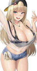 Rule 34 | 1girl, :d, absurdres, arm up, bandaid, bandaid on face, bandaid on nose, bare shoulders, black sports bra, blonde hair, blue eyes, blue shorts, blush, breasts, centi (nikke), centi (supreme holiday) (nikke), cleavage, denim, denim shorts, gloves, goddess of victory: nikke, hat, highres, kurone rinka, large breasts, long hair, looking at viewer, navel, open mouth, see-through, shirt, short shorts, shorts, smile, solo, sports bra, teeth, thighs, upper teeth only, white shirt